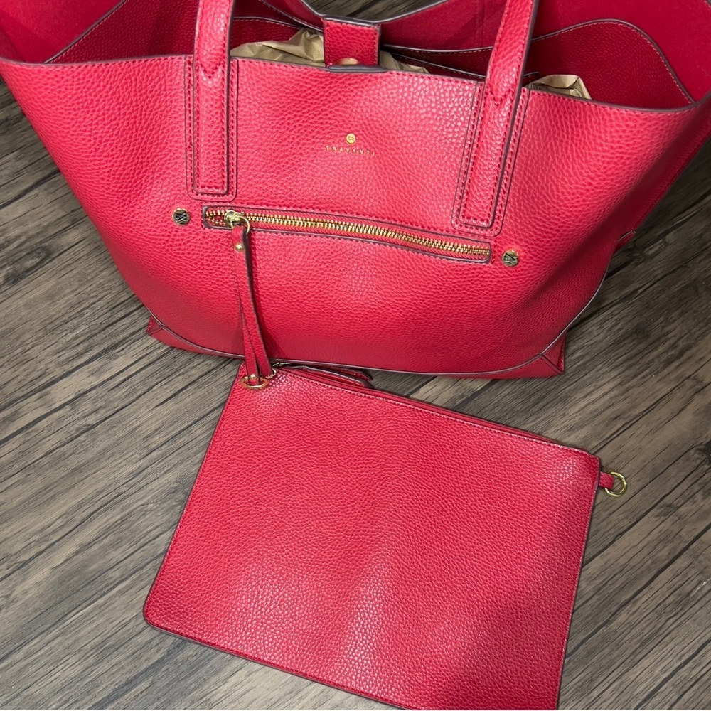 Travanti Women's Red Vegan Leather Detachable Zippered Pouch Tote Satchel